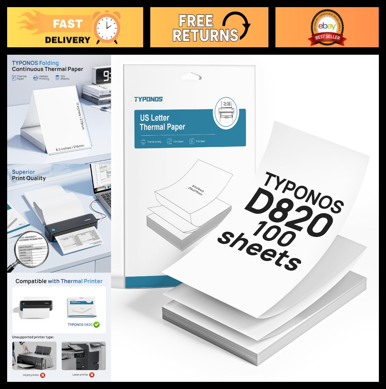 Continuous Thermal Printer Paper 8.5×11″ – 100 Sheets, US Letter Size, D820 Comp