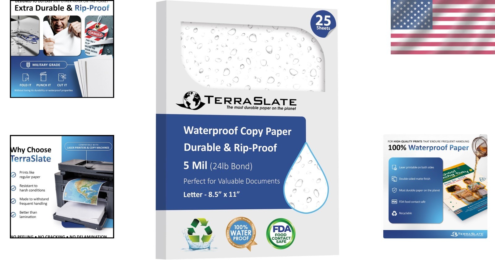 Durable Waterproof Paper for Laser Printers, 25 Sheets, Rip-Proof & Bright White