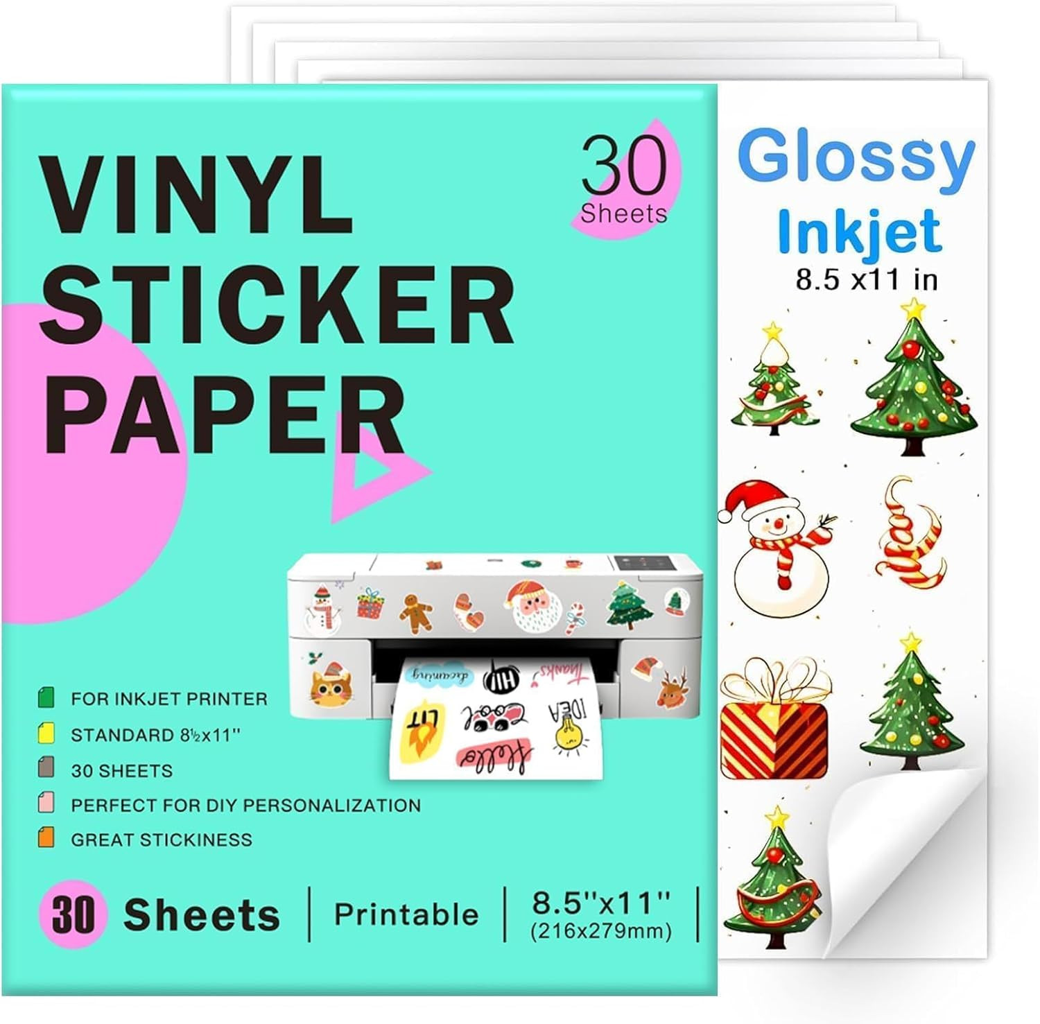 Printable Vinyl Sticker Paper for Inkjet Printer, 30 Sheets Glossy