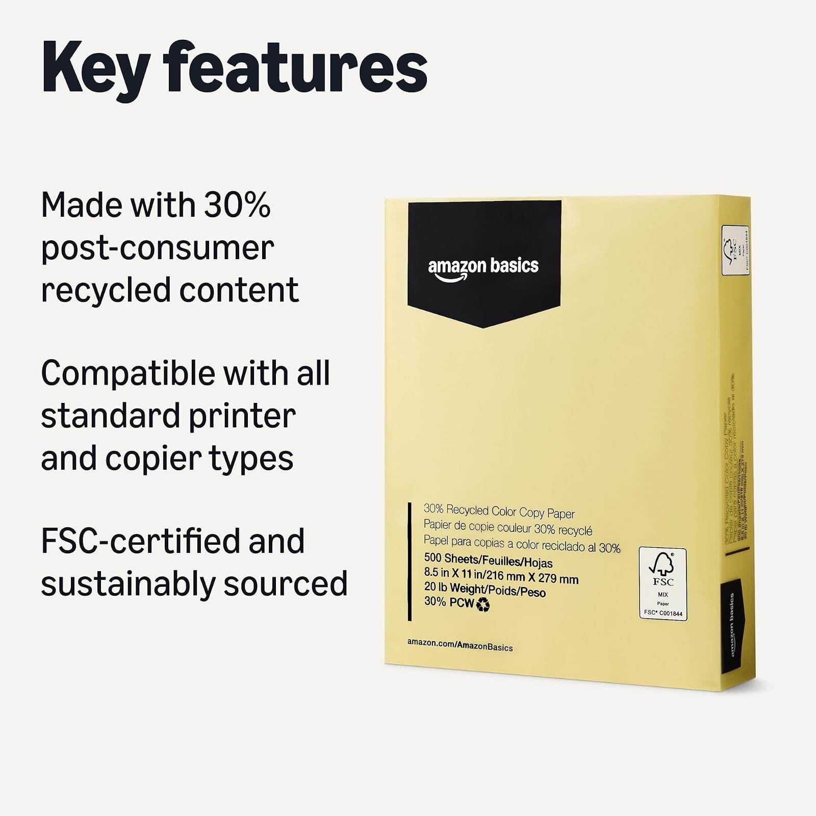 Amazon Basics 30% Recycled Color Copy Paper, 8.5″ x 11″, Pastel Canary