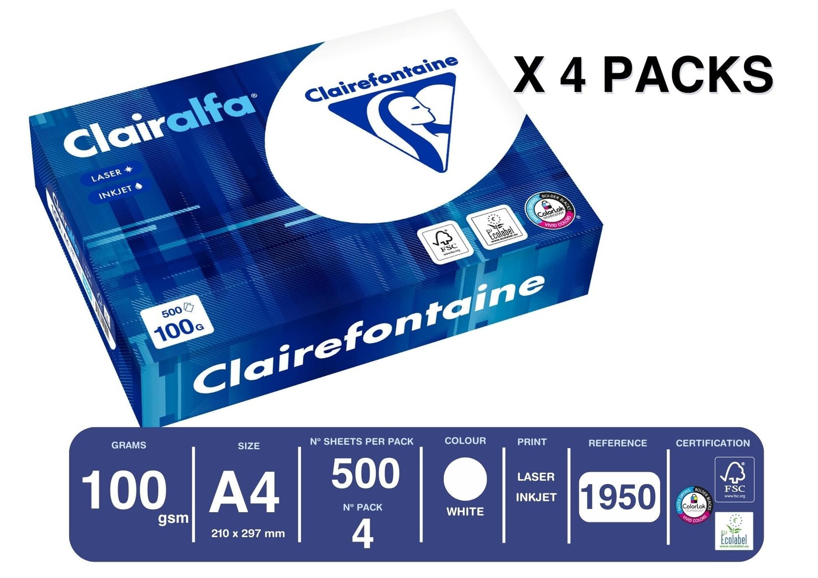 1950C Box of 4 Ream Printer Paper / Copy Paper Clairalfa, Extra White, D…