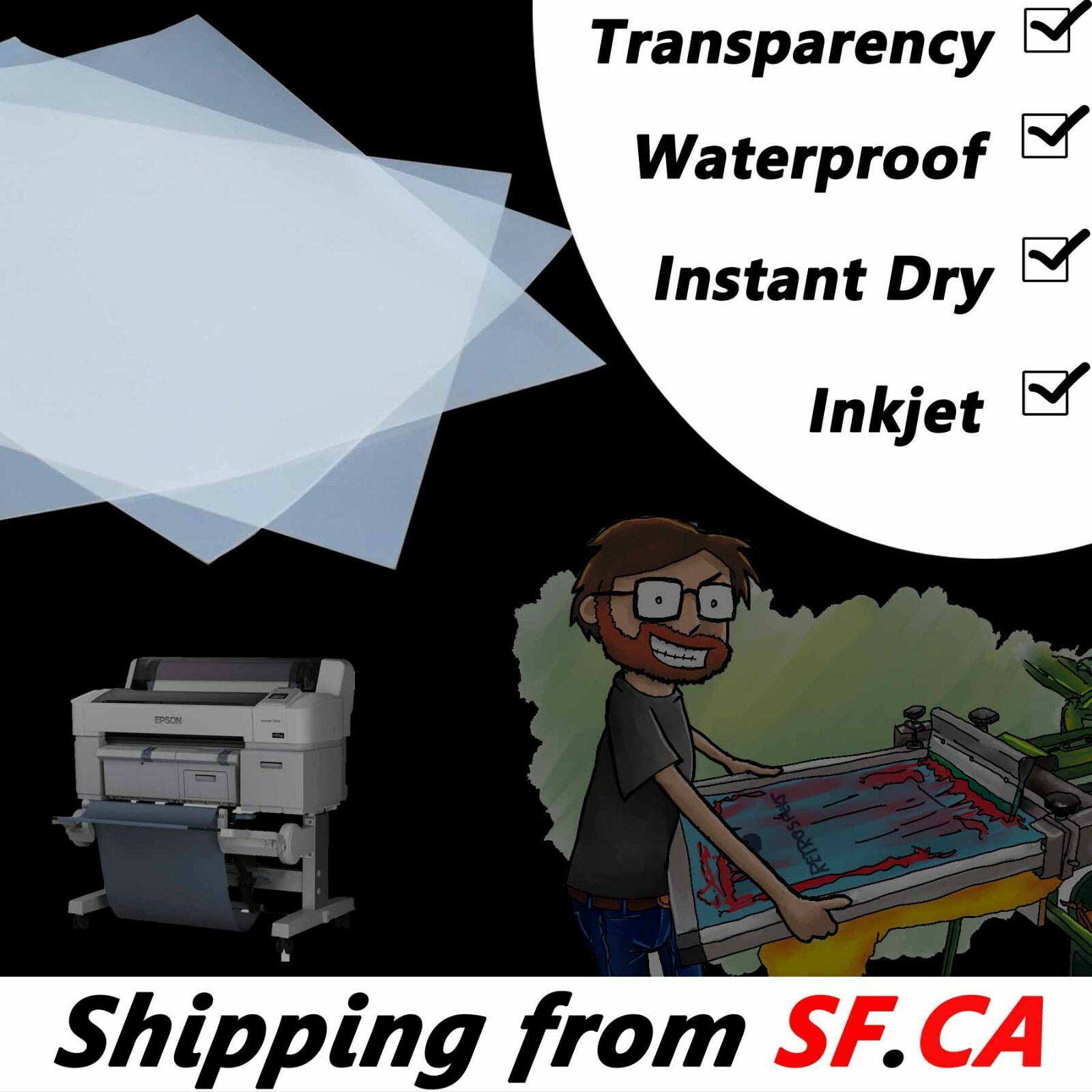 13″ x 19″，Waterproof Inkjet Quick Dry Milky Transparent Screen Film 100 sheets