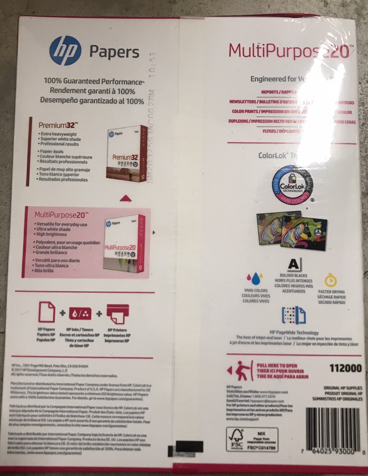 NEW HP Multipurpose Paper 96 Brightness 20 lb 8 1/2 x 11 White 500 Sheets/Ream