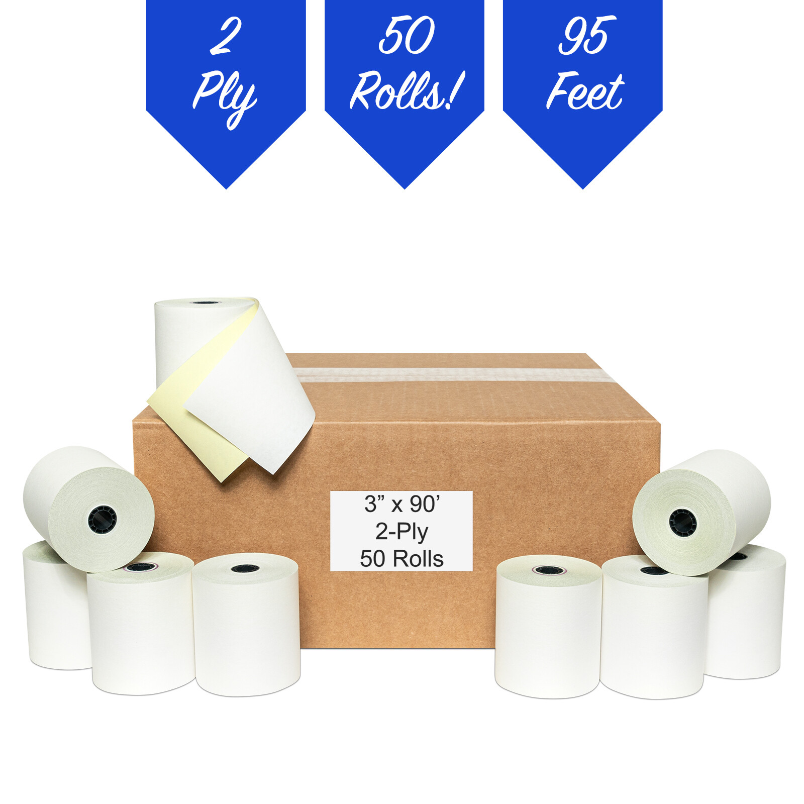(50)-3 “x 95′- 2-PLY CARBONLESS REGISTER-KITCHEN-RECEIPT POS PAPER ROLLS-USA