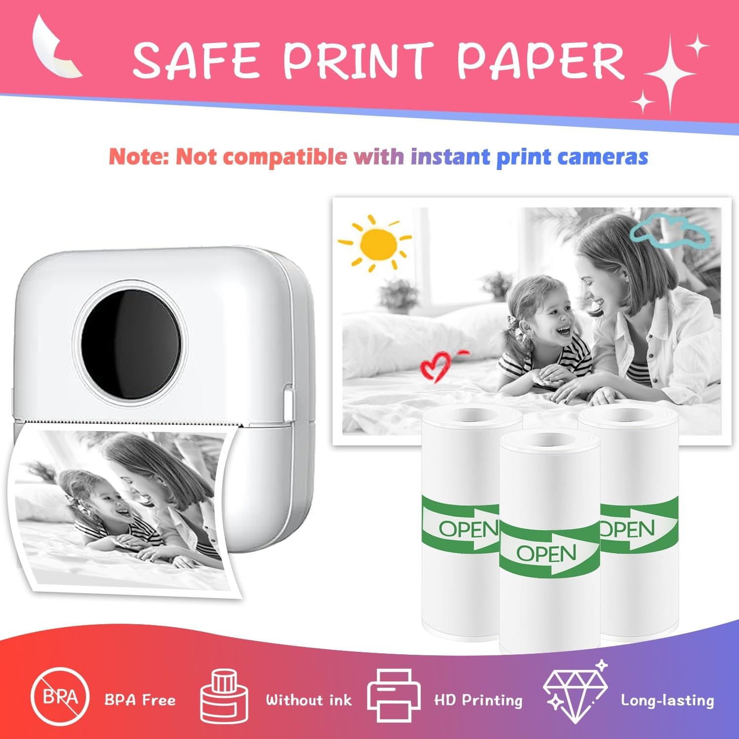 10 Rolls Colorful Mini Thermal Printer Sticker Paper