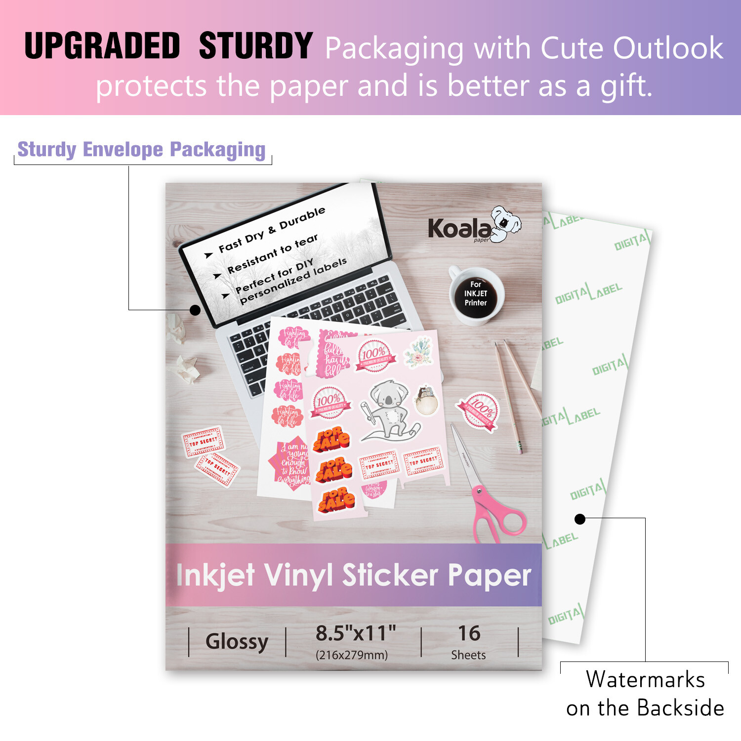 Koala Printable Vinyl Sticker Paper for Inkjet Printer – 50 Sheets White Glossy