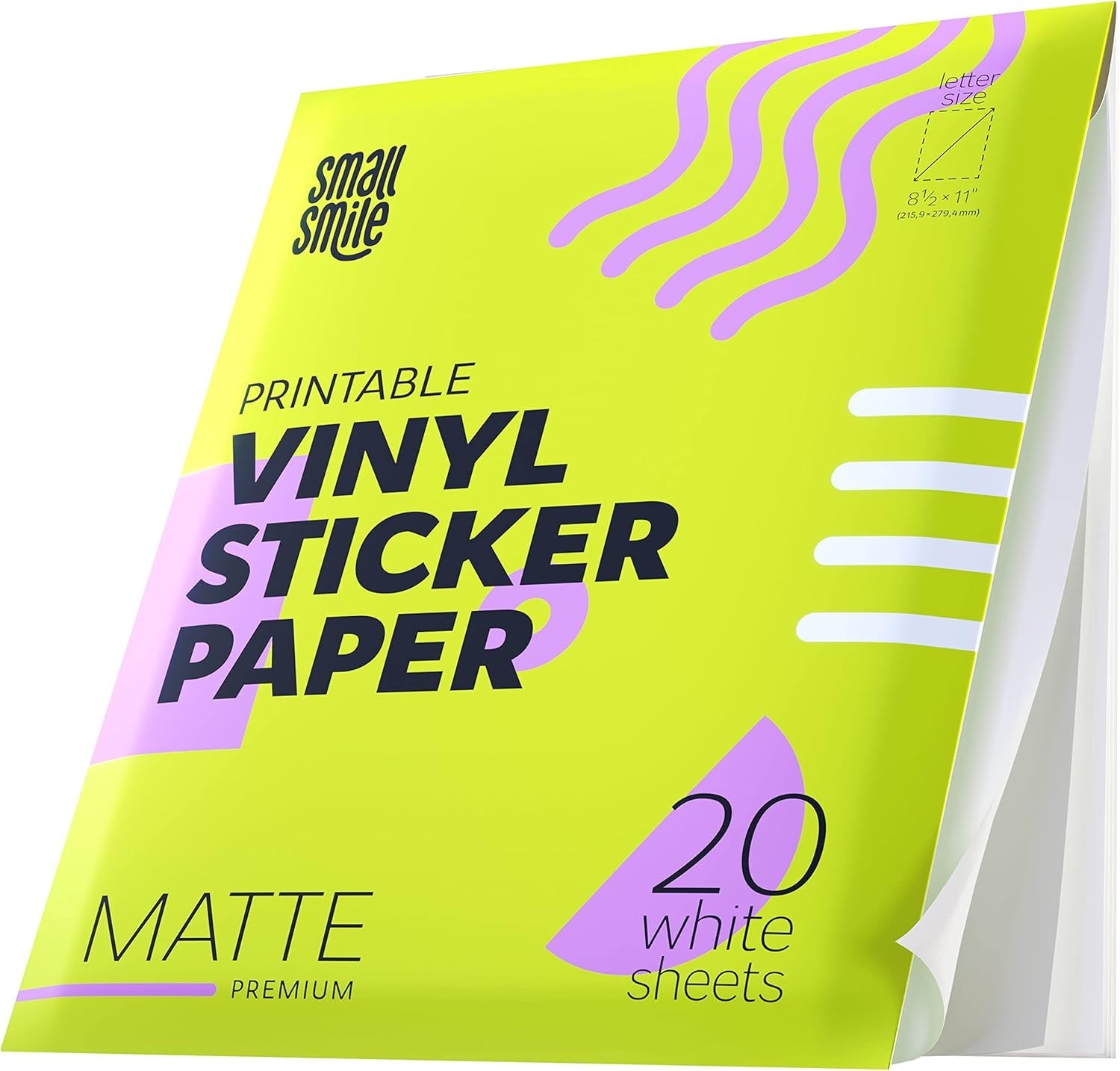 Printable Vinyl Sticker Paper for Inkjet Printer and Laser – 20 White Matte S…