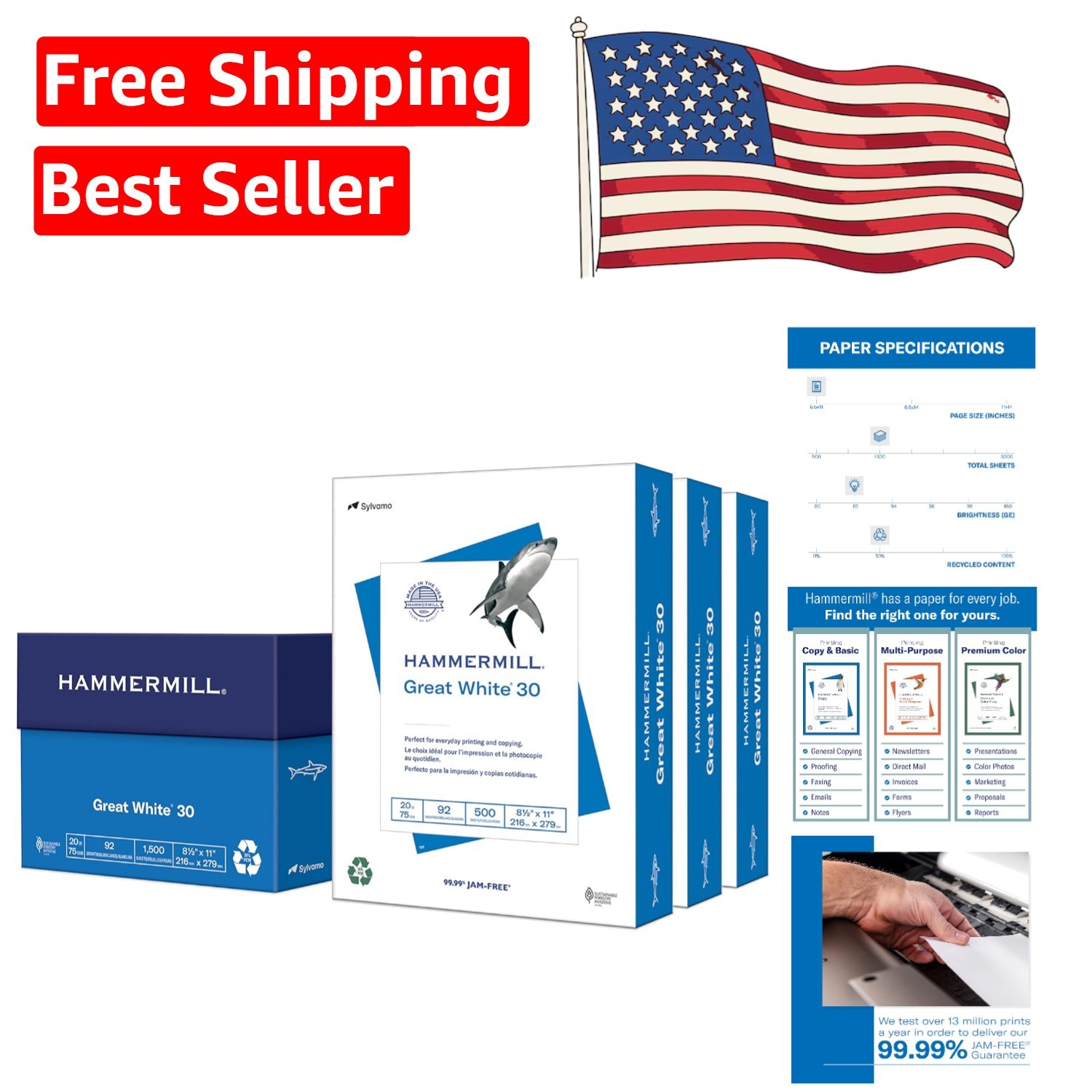 Great White 30% Recycled Printer Paper 8.5×11 – 1,500 Sheets – 92 Brightness