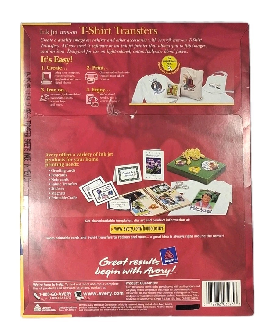 Avery Inkjet T-shirt Transfers iron-on 3275 8.5″ x 11″ – 12 Sheets open Box NEW