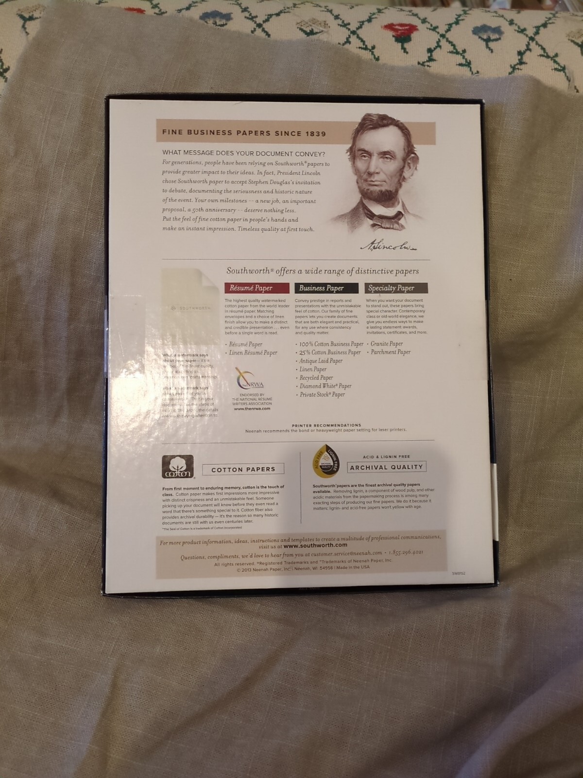 Southworth Fine Business Paper White Linin 100 Sheet 24lb Watermarked 25% Cotton