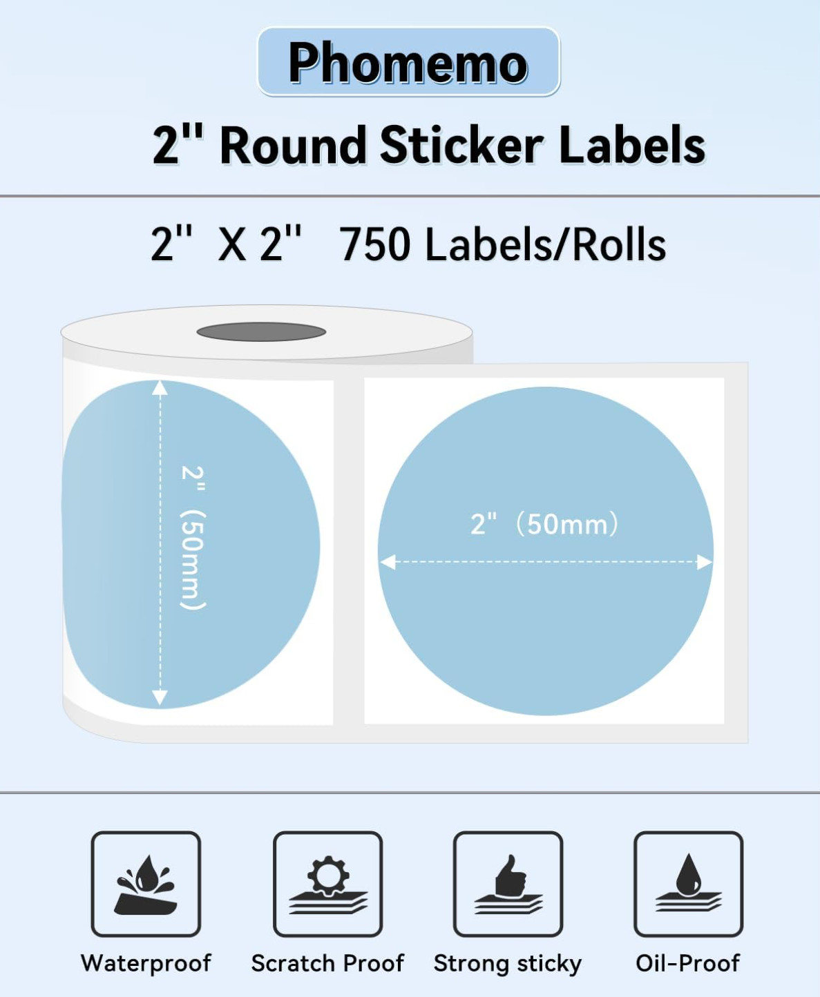 Phomemo Blue Circle Thermal Sticker Labels Round Direct 2 in (50 mm) 750 Labels
