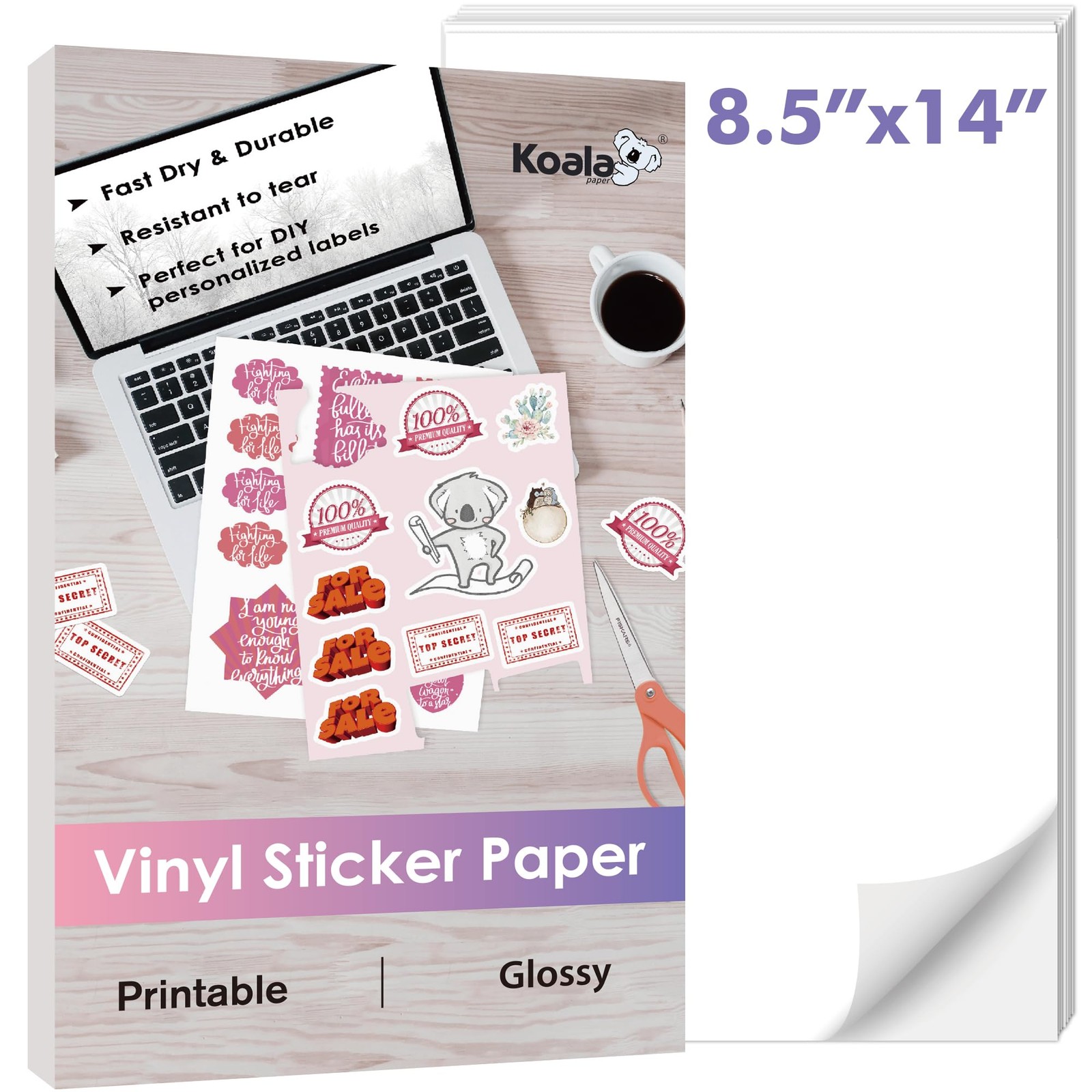 Koala Printable Vinyl Sticker for Inkjet Printers, 8.5×14 Inch 20 Sheets Glos…