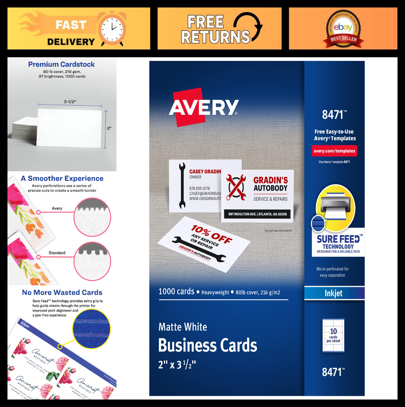 Printable Business Cards 2″ x 3.5″, White, 1,000 Blank Cards, Inkjet Compatible,