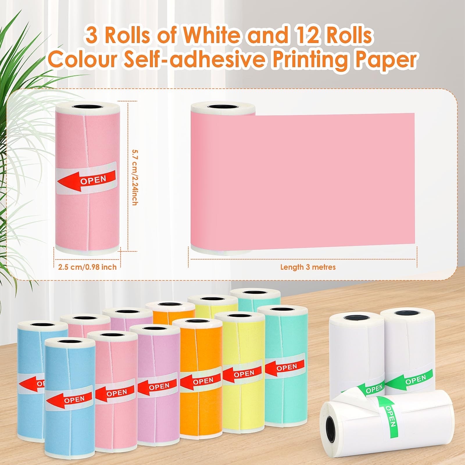 15 Rolls Mini Printer Sticker Paper, Thermal Self-Adhesive 57x25mm, Color & Whit