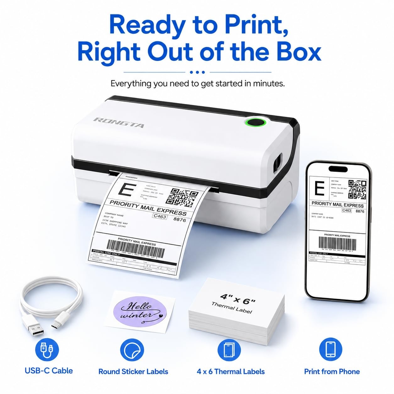 Rongta Bluetooth Thermal Shipping Label Printer, Wireless 4×6 Small, Black