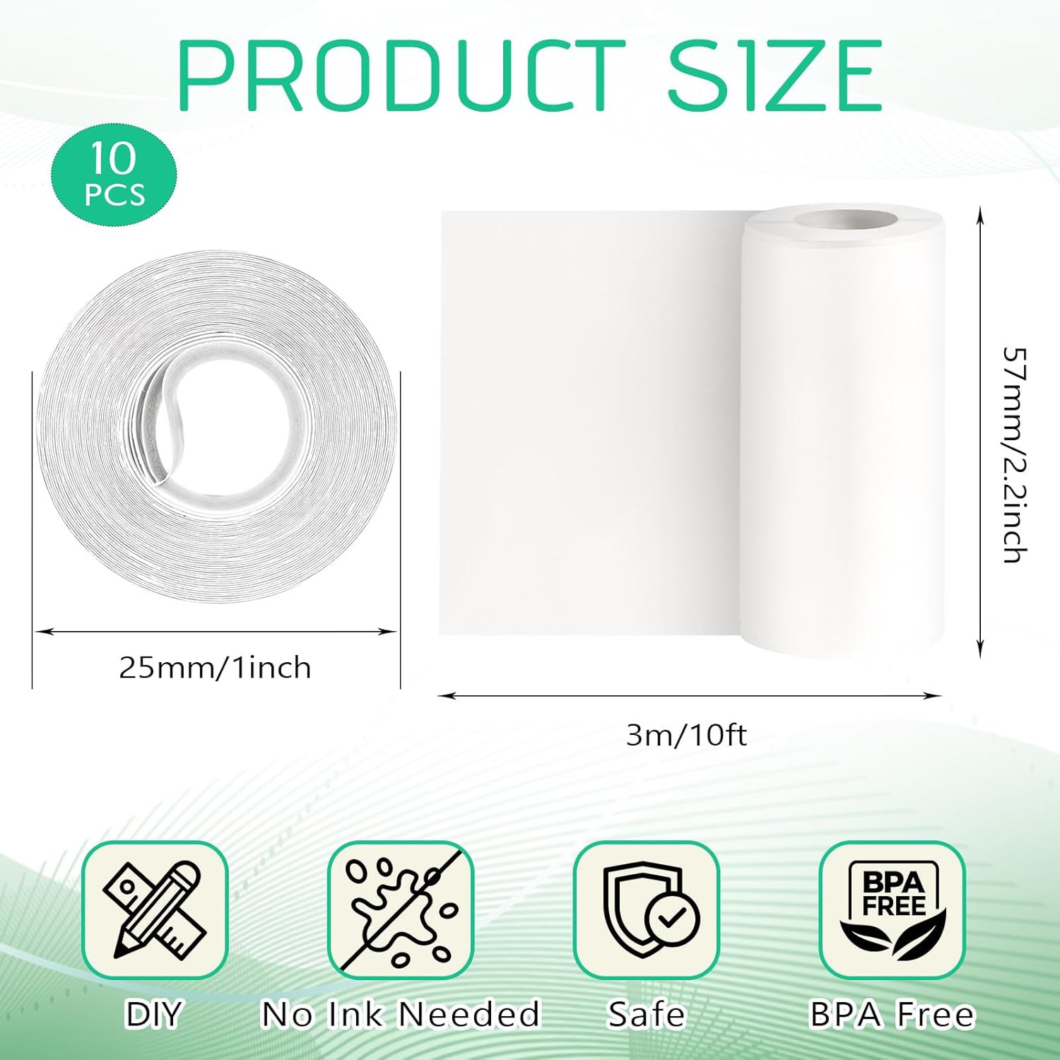 10 Rolls Mini Thermal Sticker Paper 57x25mm Self-Adhesive for Pocket Printers