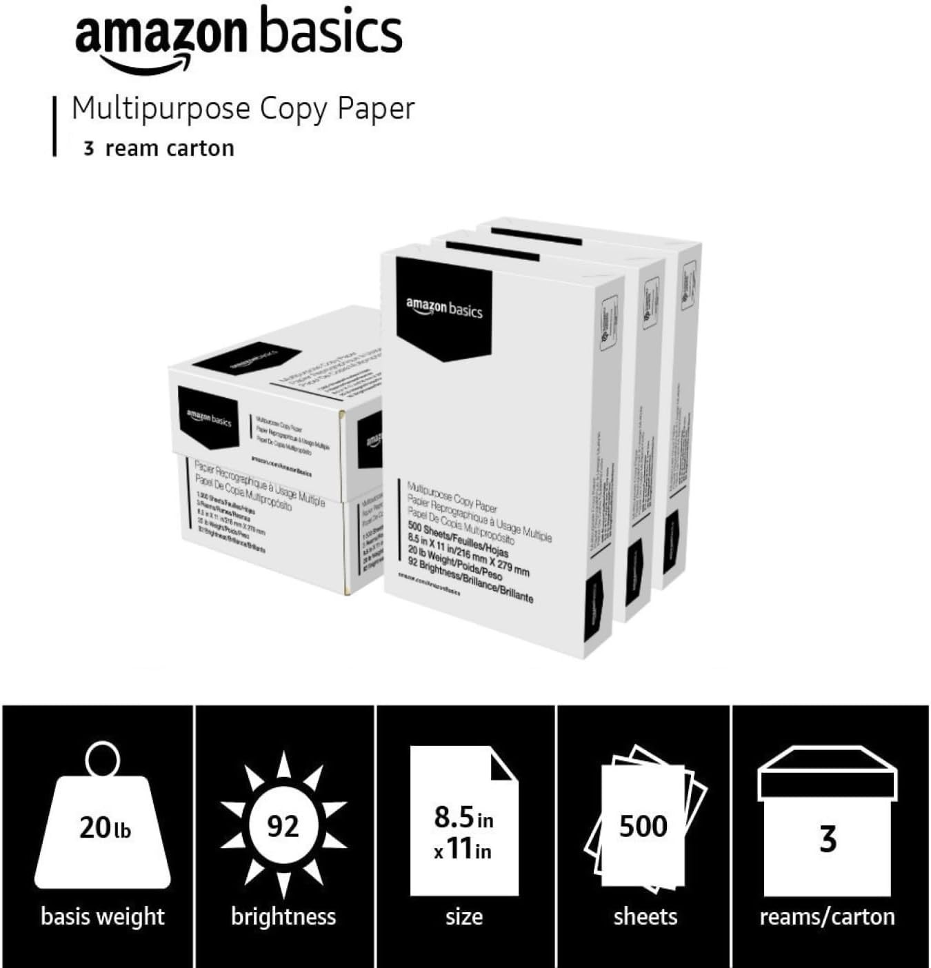 Amazon Basics Multipurpose Copy Printer Paper, 20 lb, 8.5 x 11 Inches, 3 Reams