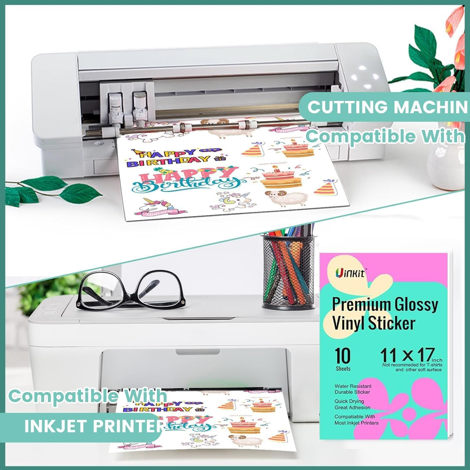 Uinkit 10 Sheets Premium Glossy Printable Vinyl Sticker Paper for Inkjet & Laser