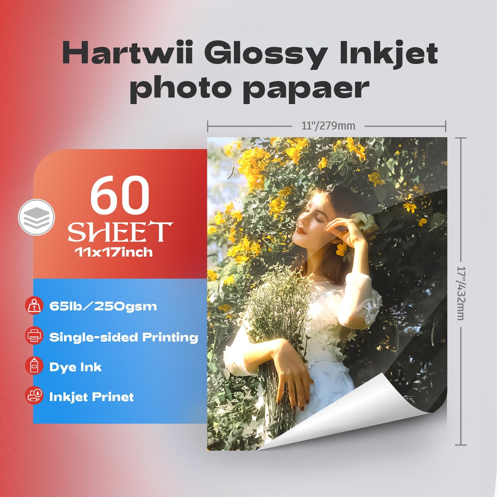 Heavyweight Glossy Inkjet Photo Paper 65 LB 250 GSM 11×17 Inch 60 Sheets