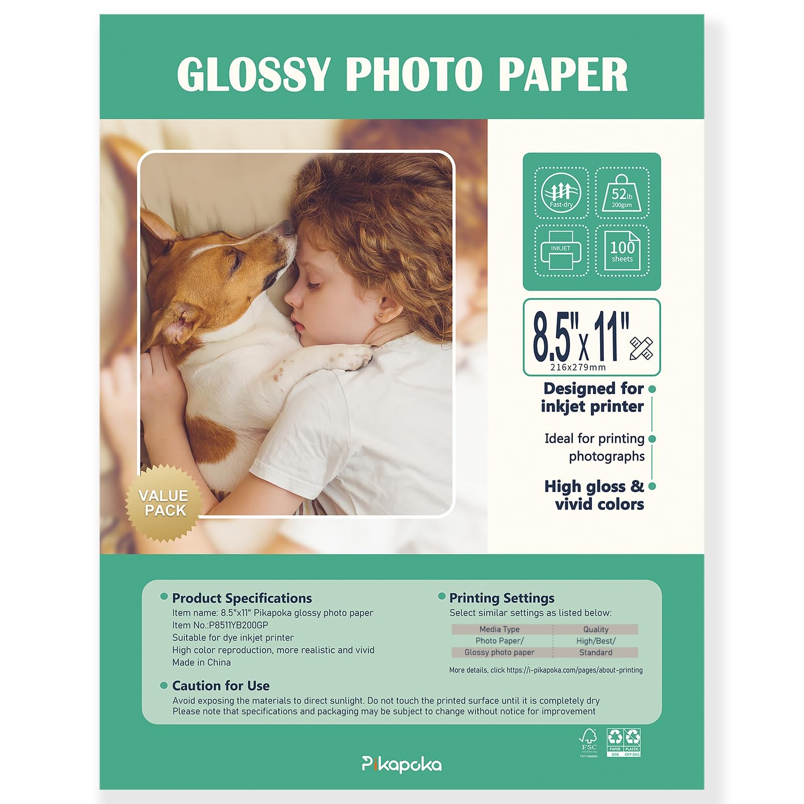 100 Sheets 8.5×11 Inch Glossy Photo Paper 200 GSM Inkjet P8511YB200GP