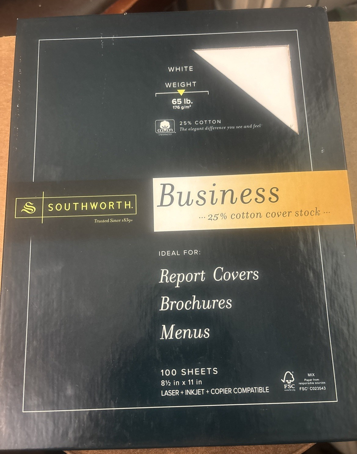 Southworth 25% Cotton Coverstock 65 lbs Letter WHITE 100 Full Box. Open