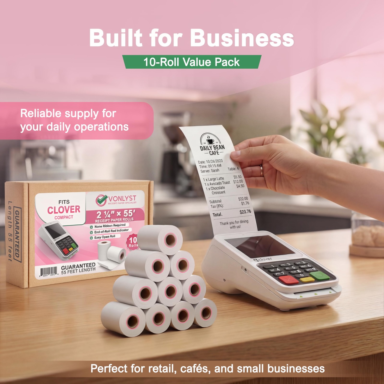 Vonlyst Compatible Clover Compact Countertop POS Thermal 10 rolls, White