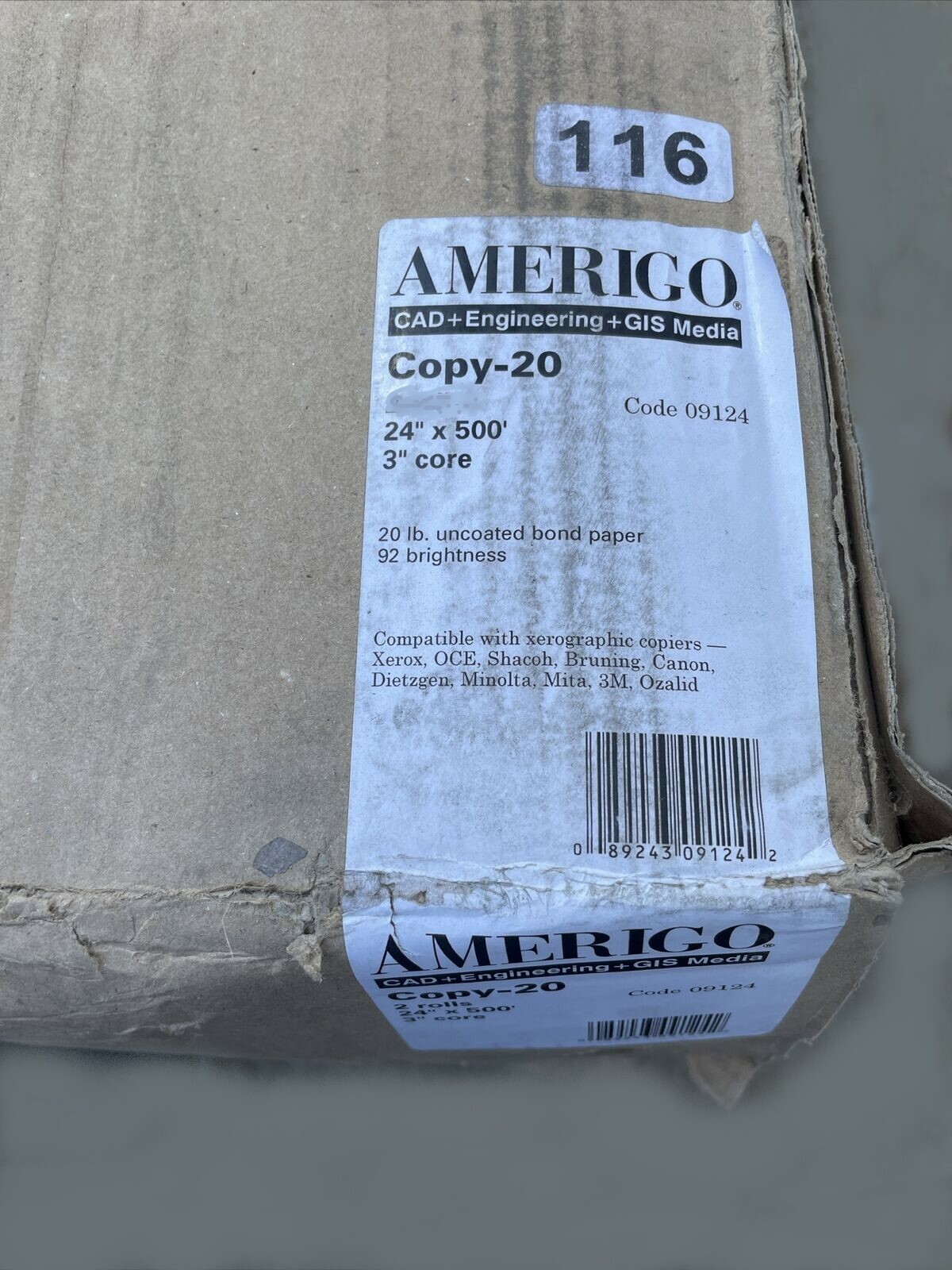 1 – Amerigo Wide Format, Copy-20lb, 24″ x 500′, 3″ Core, 92 White CAD GIS