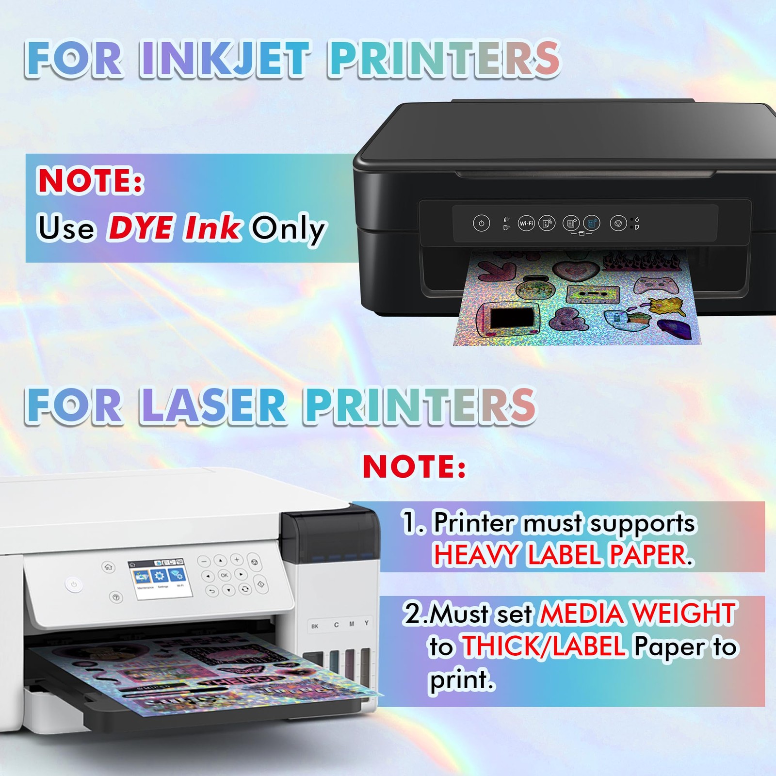 Koala Holographic Sticker Paper for Inkjet & Laser Printers, 20 Sheets Printable
