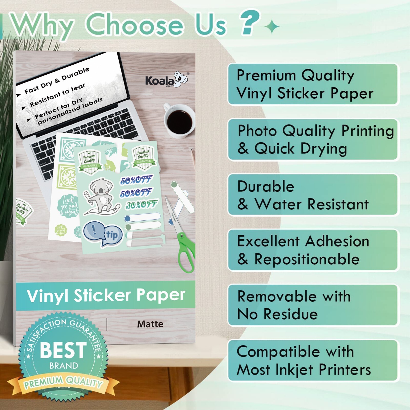 Lot KOALA Vinyl Sticker Paper Matte White Waterproof Inkjet Laser 8.5×11 / 11×17