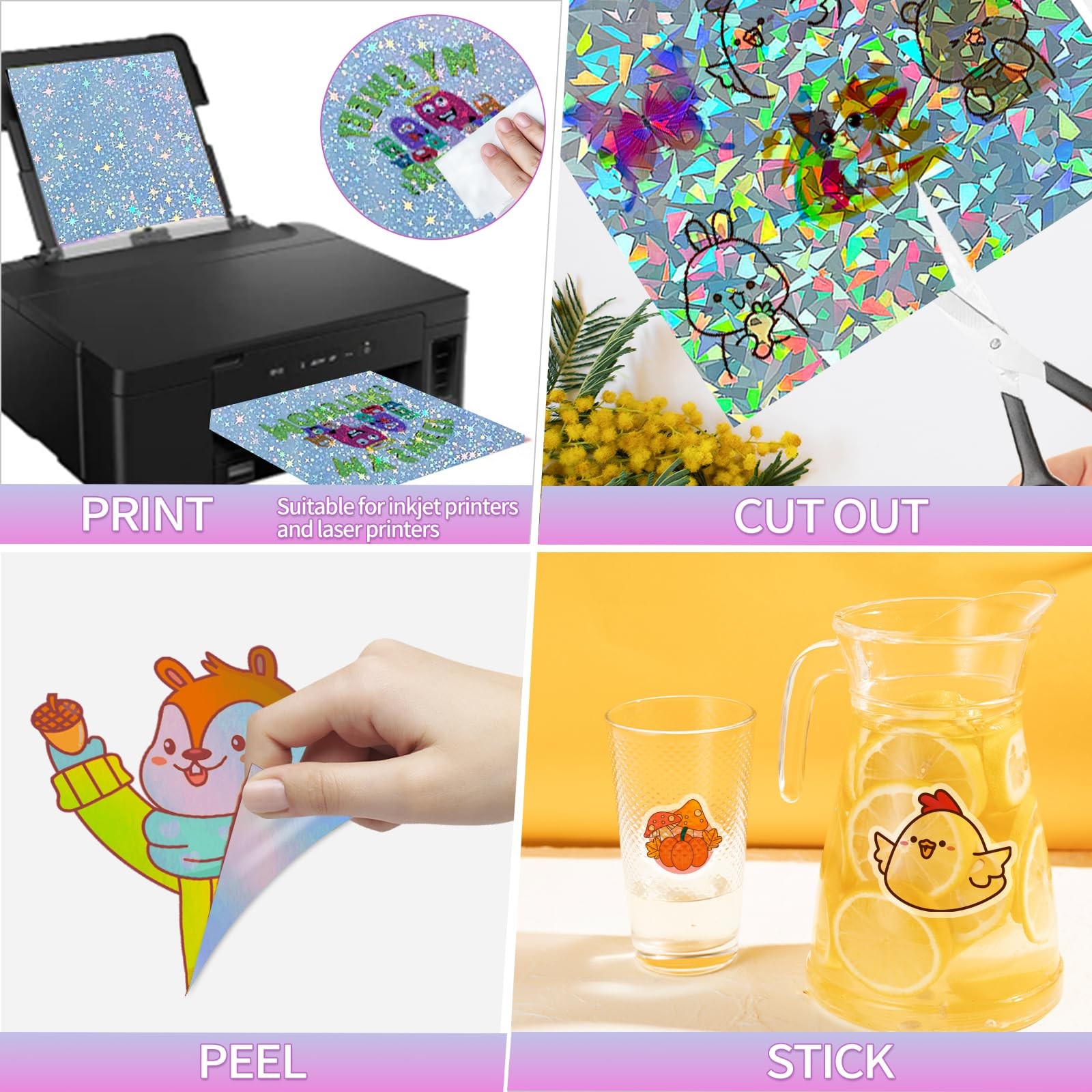 25 Sheets Holographic Sticker Paper A4, Mixed Patterns Printable Vinyl Sticke…