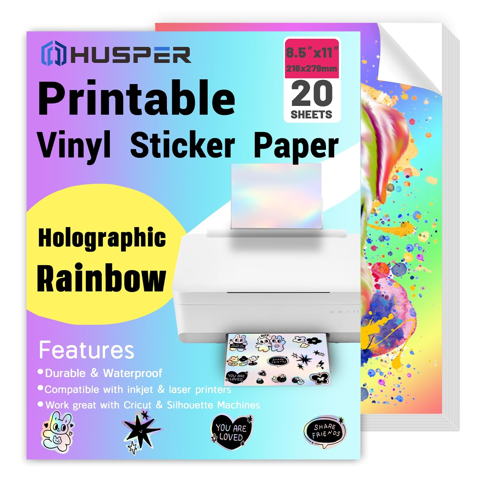 Holographic Rainbow Vinyl Sticker Paper, 8.5 x 11 Inches, Printable Waterproo…