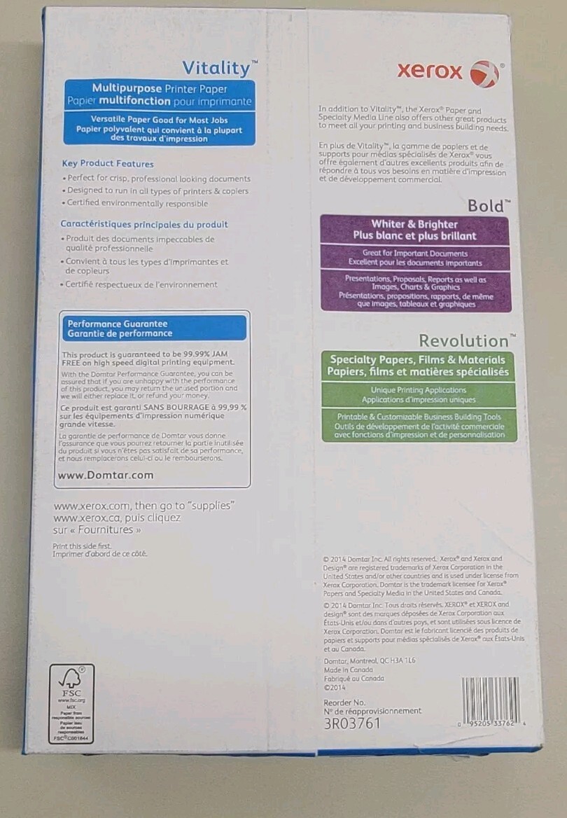 Xerox 3R03761 Vitality 92 Bright 11 x 17 Multipurpose Print Paper (1-RM) New