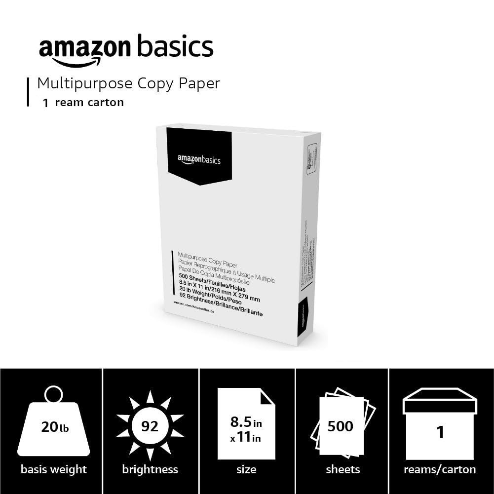 Amazon Basics Multipurpose Copy Printer Paper, 8.5 x 11, 20 lb, 500 Sheets
