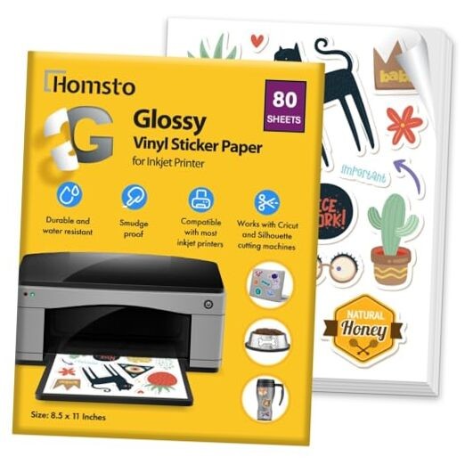 Glossy Vinyl Sticker Paper for Inkjet Printer – Waterproof Printable 80 Sheets