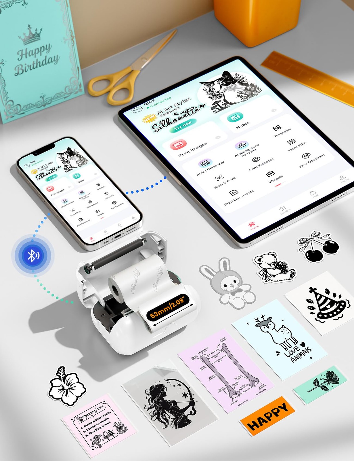 Memoking Mini Sticker Printer, Q02E Inkless Portable Mini, White