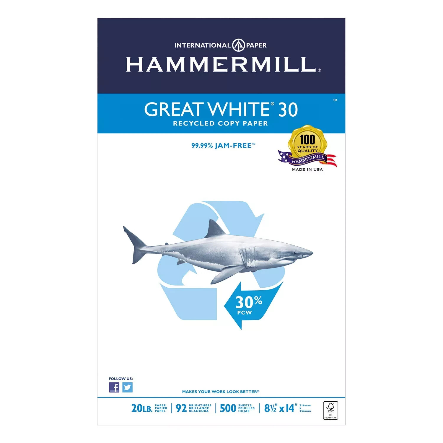 Hammermill Great White Recycled Copy Paper 92 Brightness 20lb 8-1/2 x 14 5 Reams
