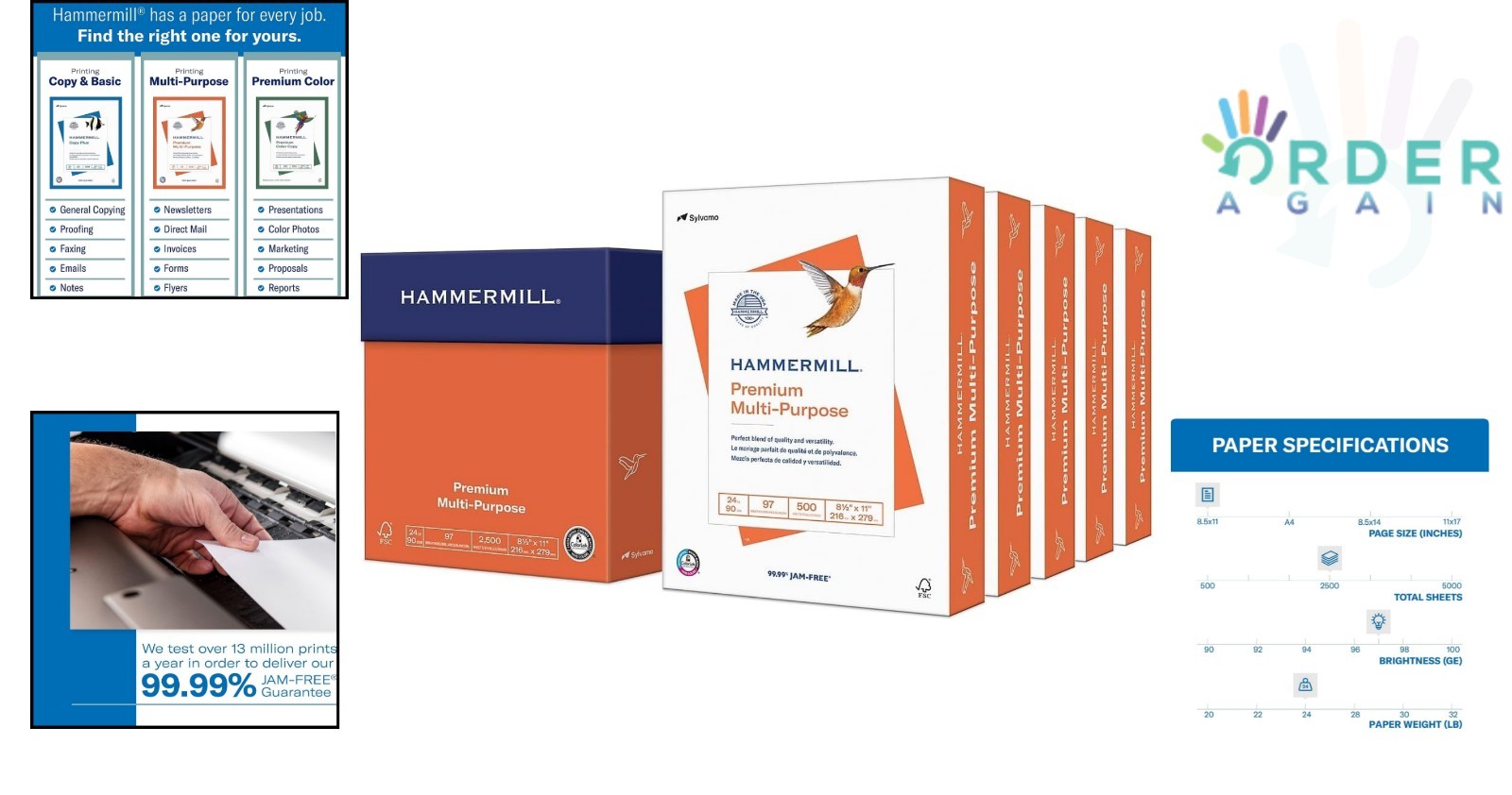 Printer Paper Multipurpose 24 lb 8.5 x 11 97 Bright 5 Ream 2,500 Sheets