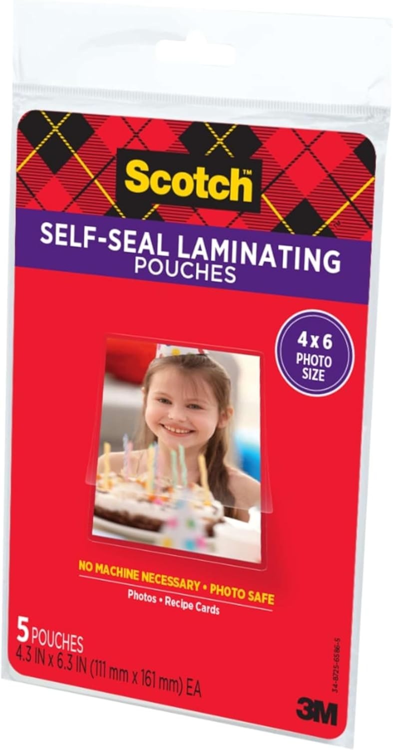 Self-Sealing Laminating Pouches, Gloss Finish, Photo Size 4 x 6 Inches, 5/Pack