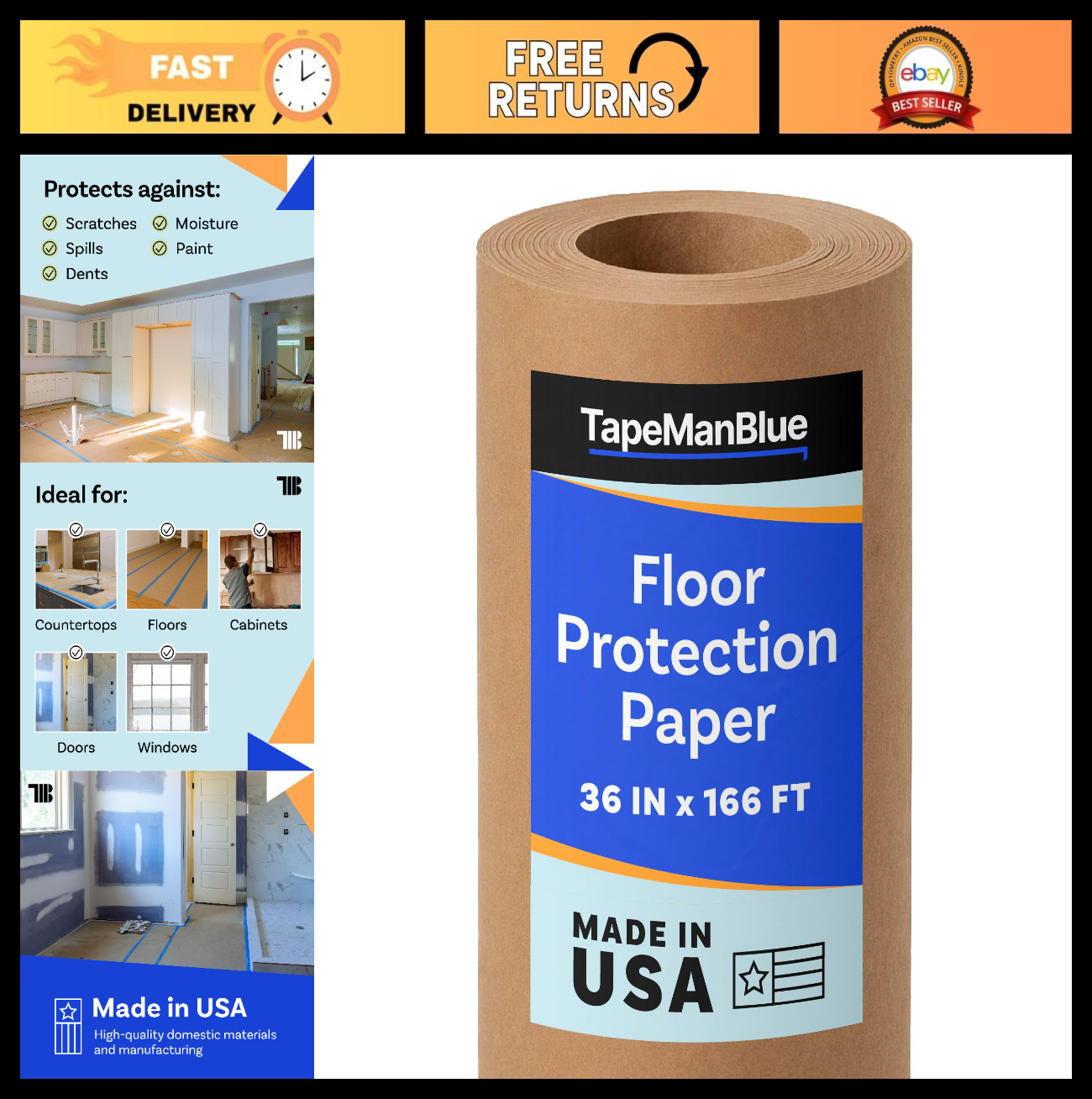 36″x166′ Floor Protection Paper Roll – Thick Brown Rosin Masking, 100% Recycled