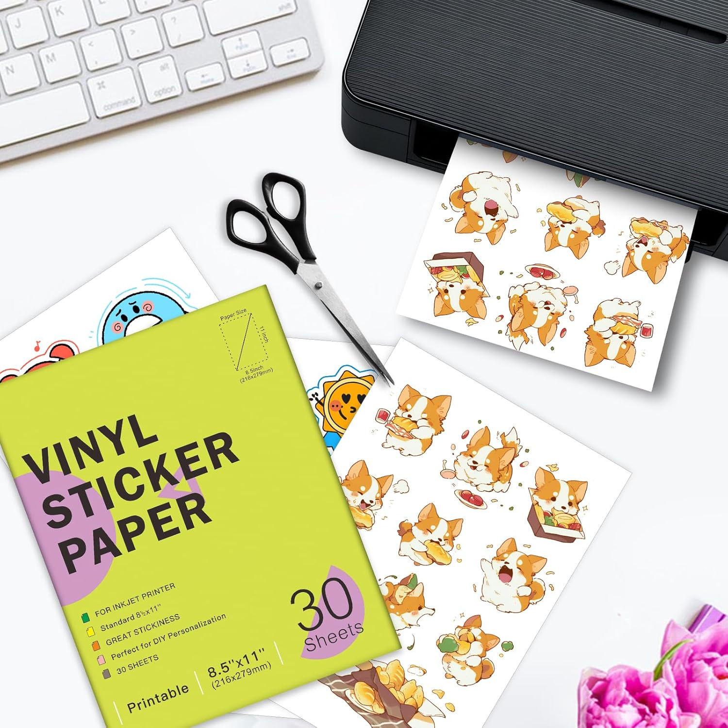 30 Sheets Premium Printable Vinyl Sticker Paper for Inkjet Printers Glossy White