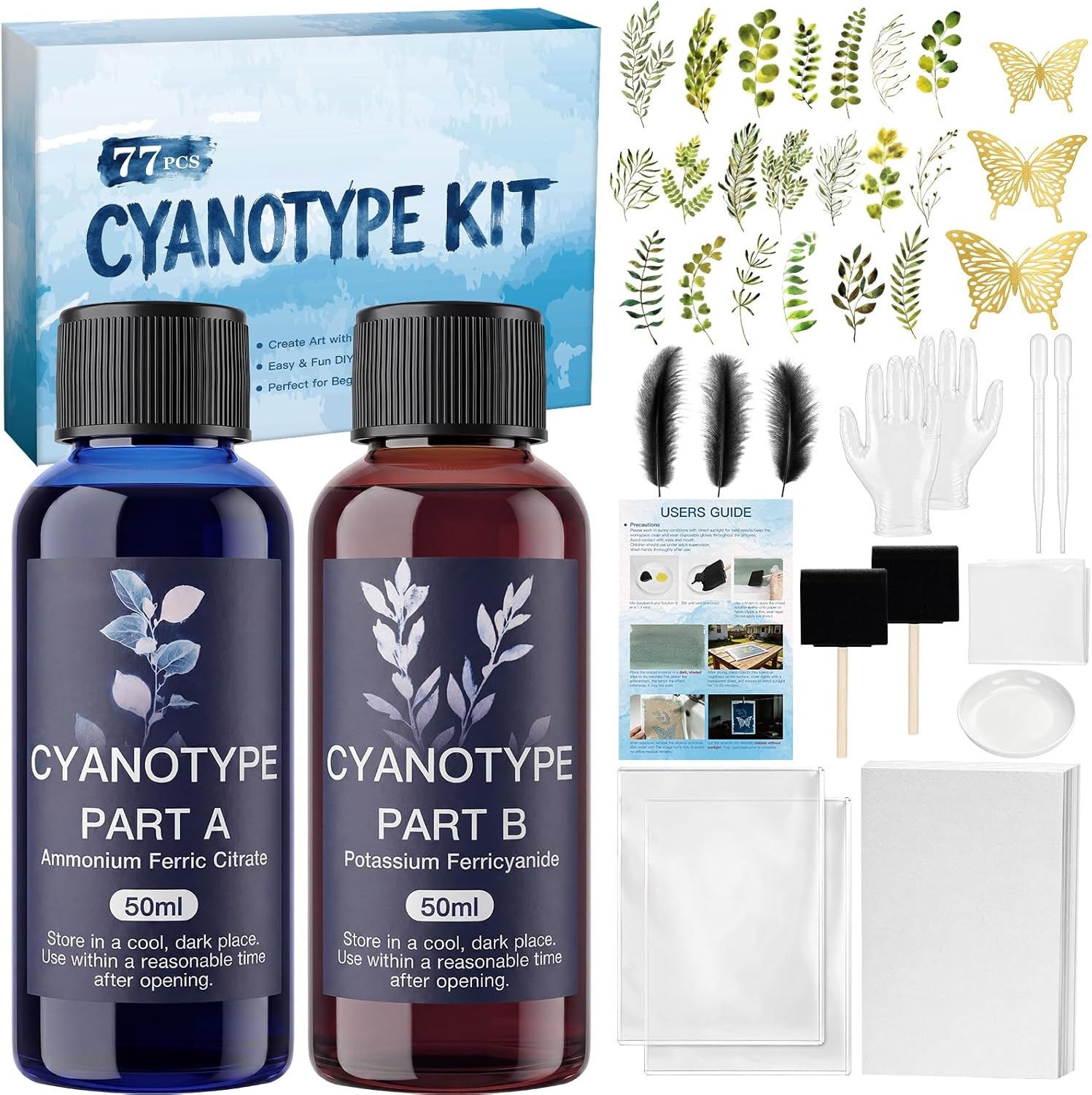Cyanotype Kit, 77Pcs Cyanotype Solution Set with 26Pcs Tamplates and 40Pcs Paper