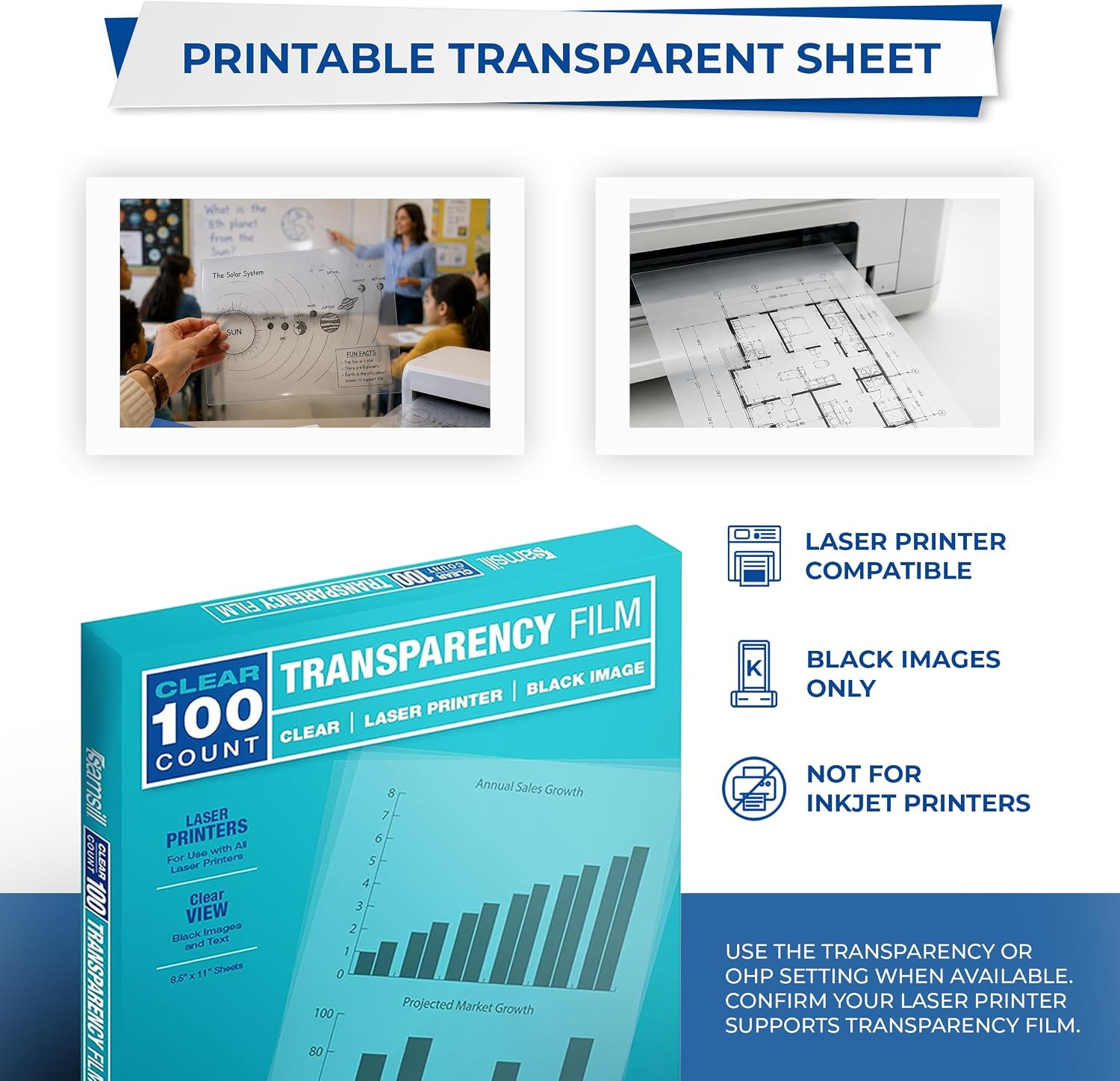 100 PCS 8.5X11 Inch Clear Transparency Film for Laser Jet Printer Black Image