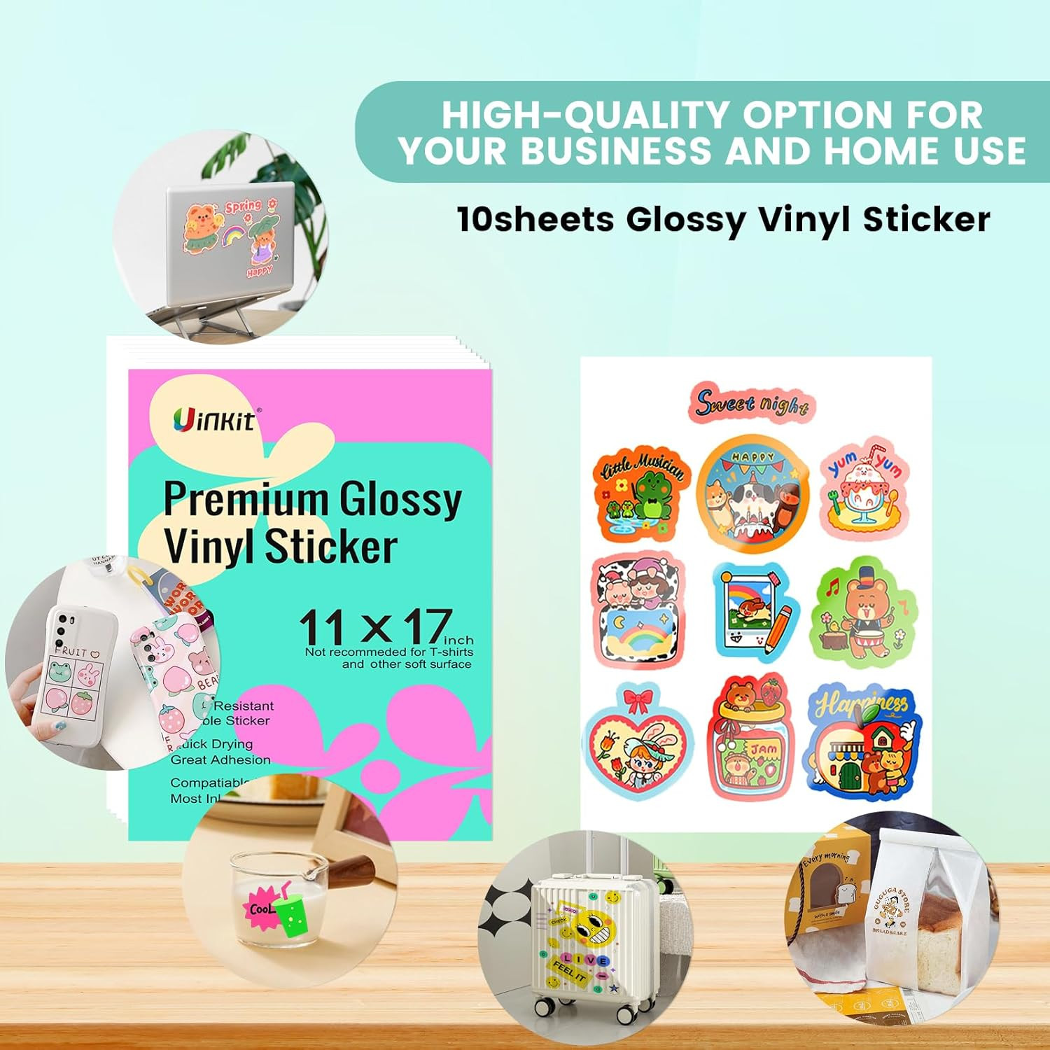 Uinkit 10 Sheets Premium Glossy Printable Vinyl Sticker Paper for Inkjet & Laser
