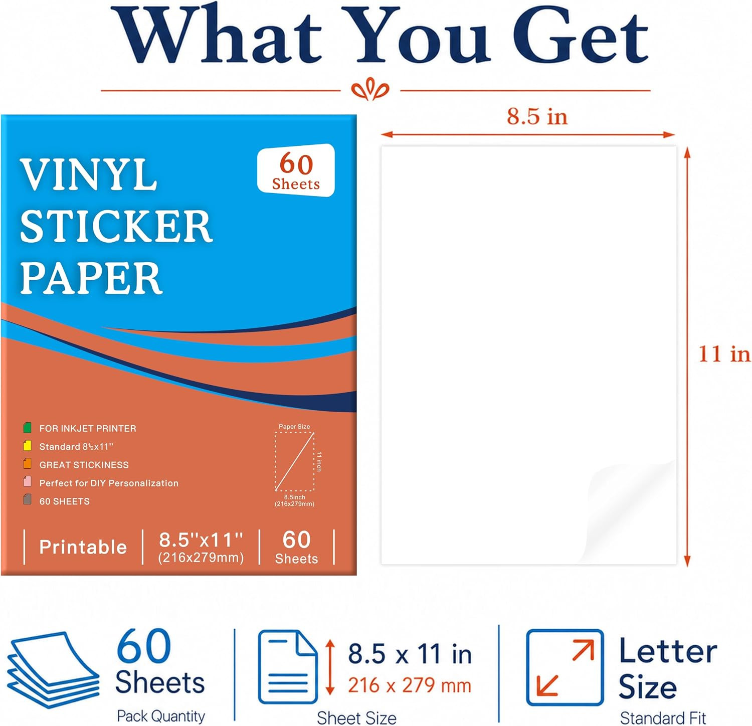 60 Sheets Premium Printable Clear Vinyl Sticker Paper for Inkjet Printer, 8.5X11