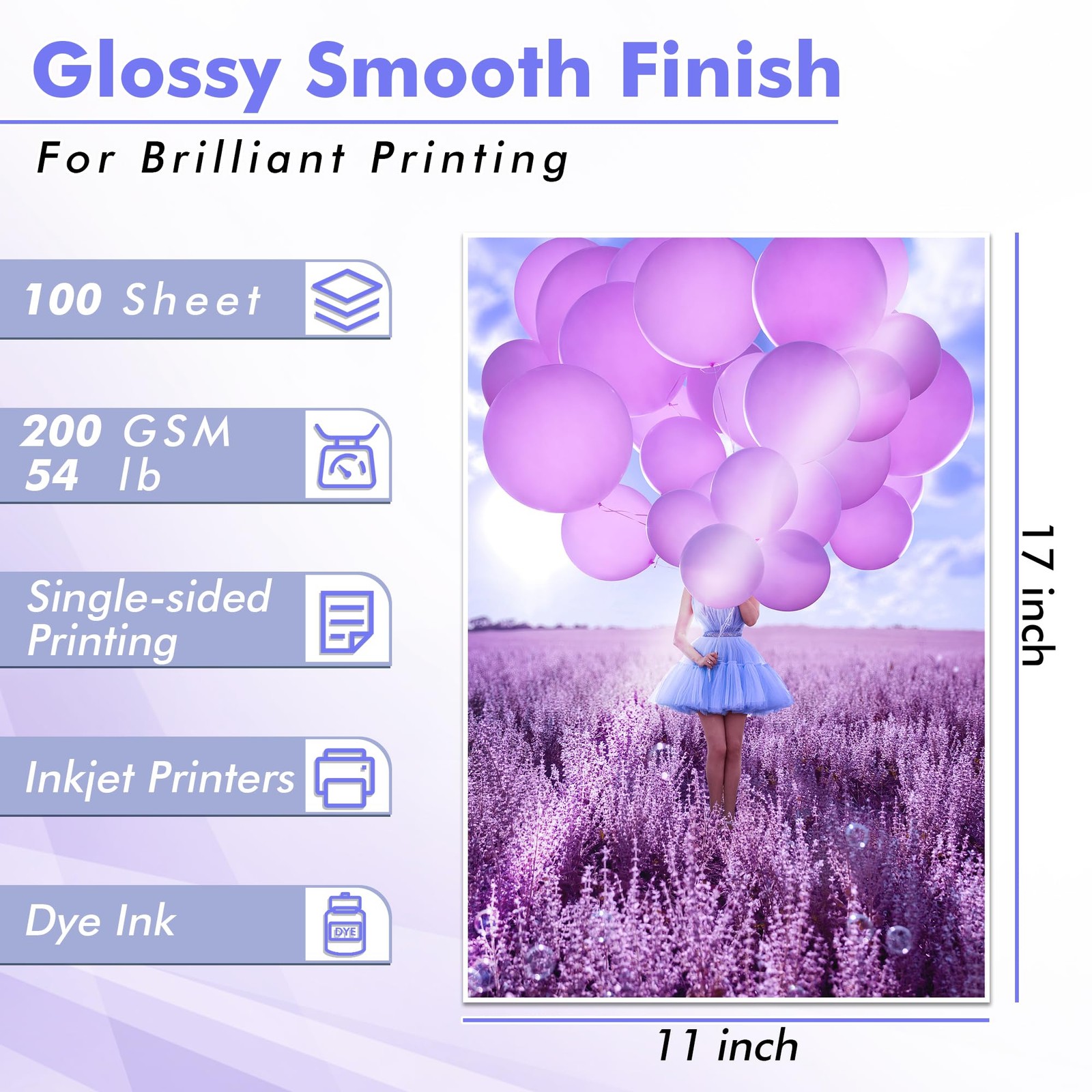 100 Sheets 11×17 Inch Glossy Inkjet Photo Paper Thick 54lb 200gsm Dye Ink