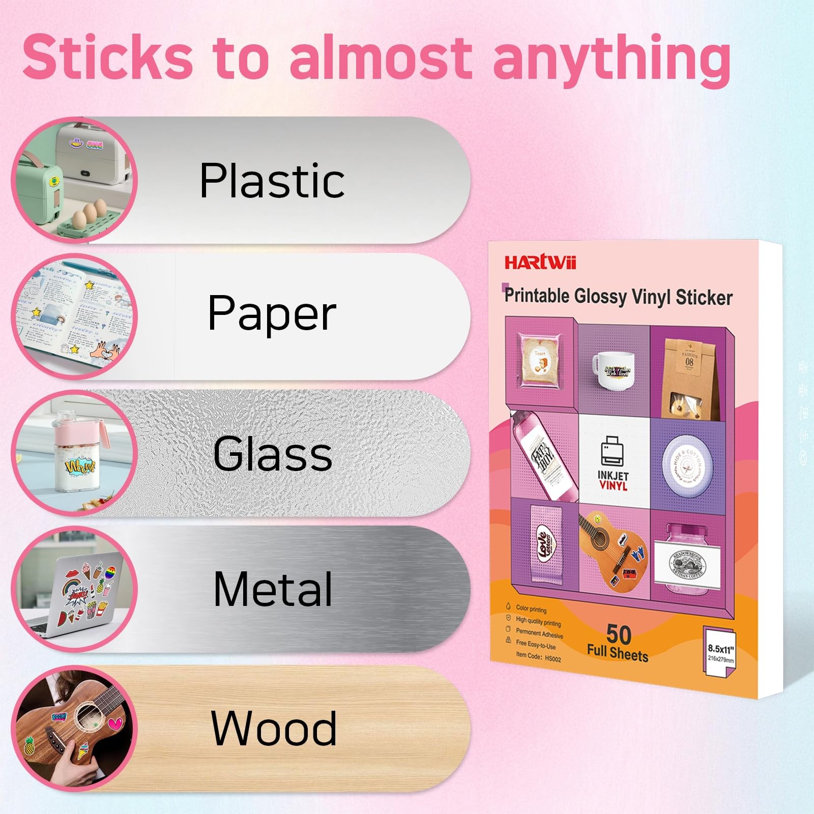 Hartwii Glossy Vinyl Sticker Paper 8.5x11in Letter Size 50 Sheets