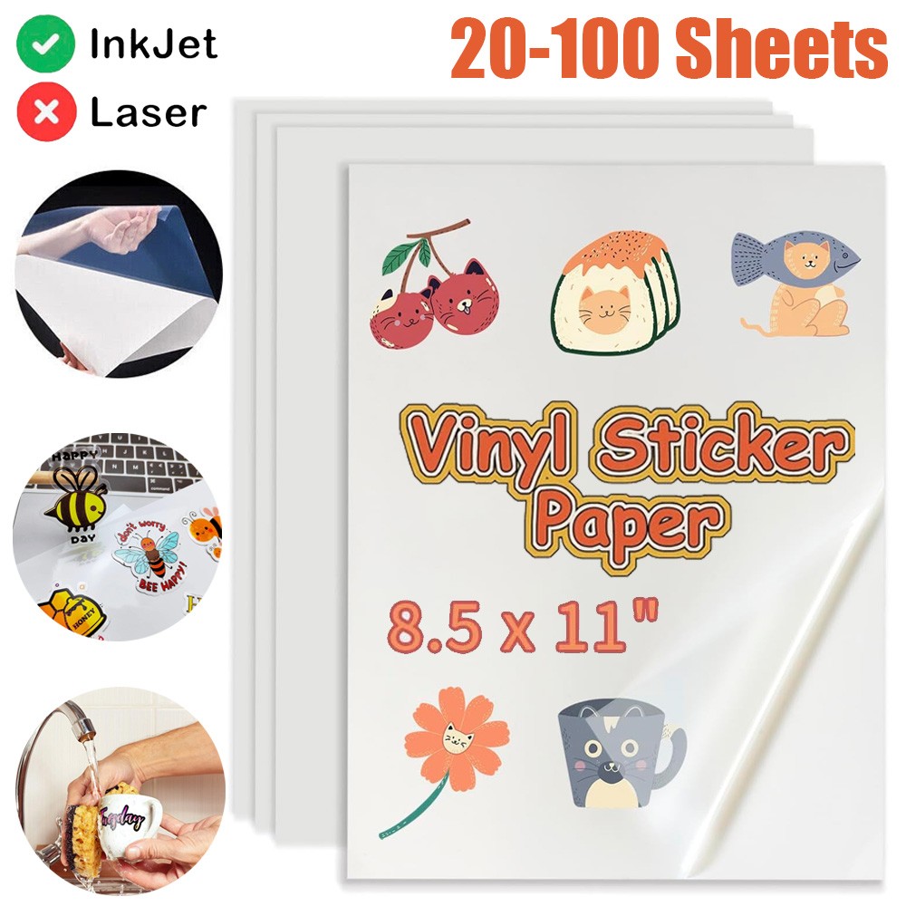 Clear Printable Vinyl Sheets for Inkjet Printer 8.5×11 Inch for Crafts, Labels
