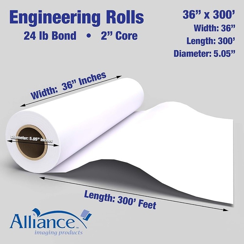 High Quality Bond Paper Rolls Laser Printer & CAD Inkjet 36″x300′ Uncoated New