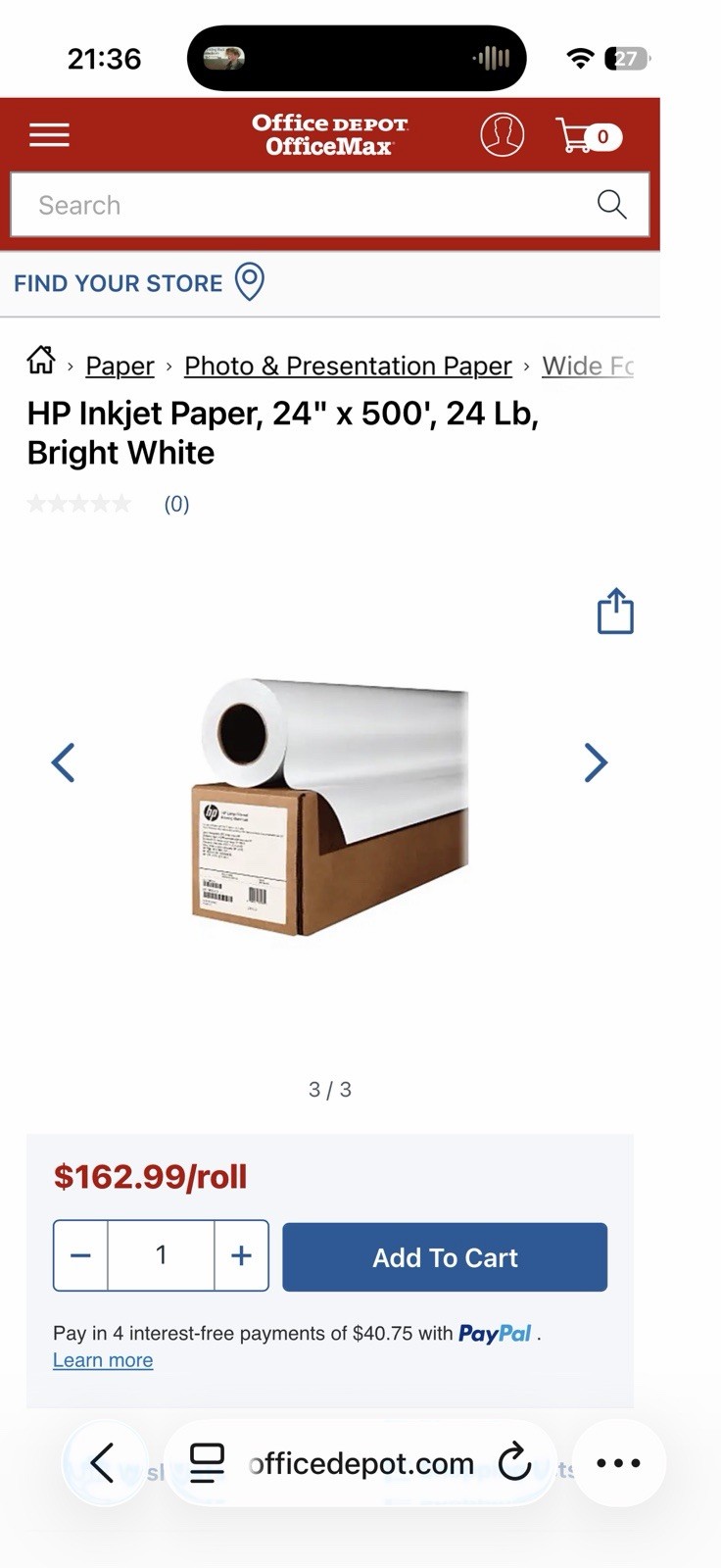 HP Bright White Inkjet Paper – White – 3-in Core – 24 Inches x 500 Feet L4Z44A