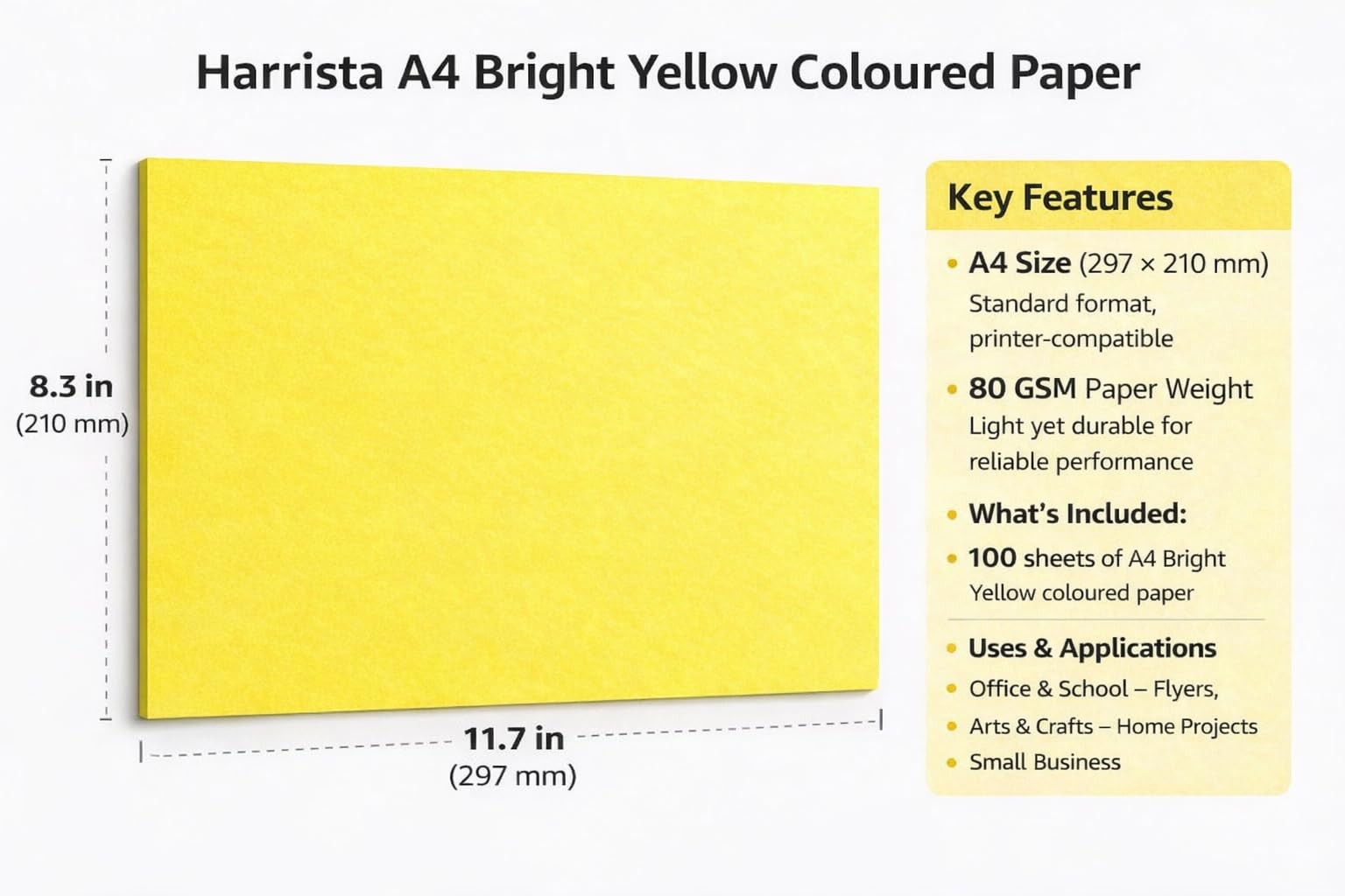 Coloured Paper, A4, 80gsm, Bright Yellow, Craft Sheets for Laser and T…